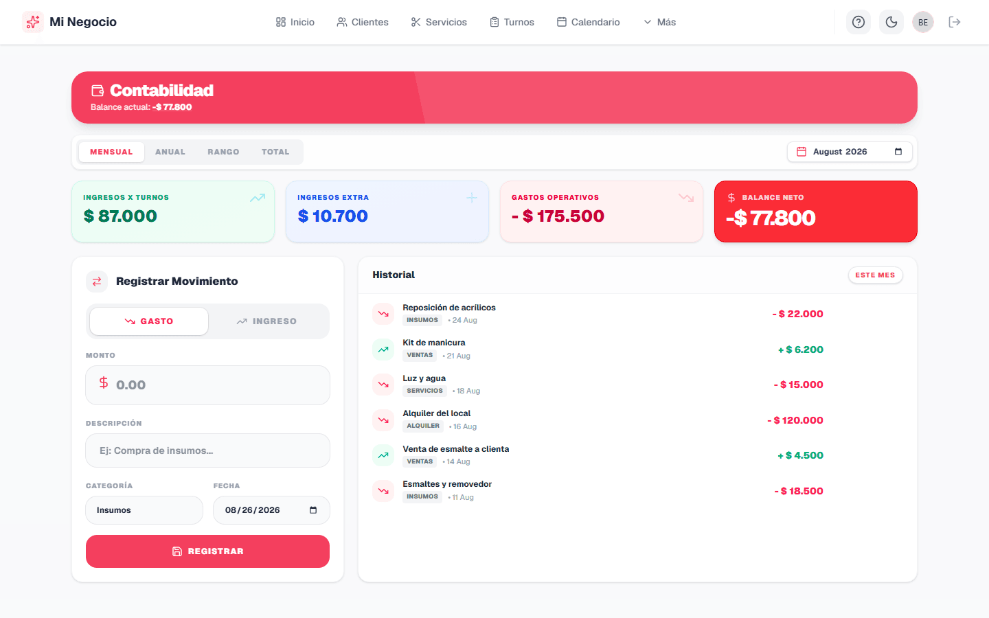Pantalla de Contabilidad de OwnBeauty con balance del mes e historial